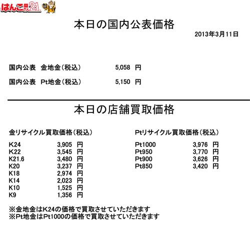 金・プラチナ買取り価格2013.03.11