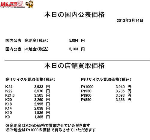 金・プラチナ買取り価格　はんこ屋さん２１上大岡店